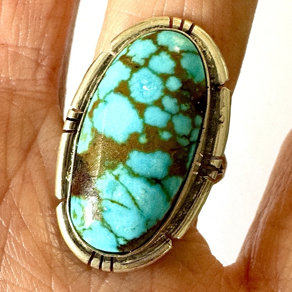 Navajo Sonoran Turquoise Ring Sz 8 Sterling Signed Etsitty Shine Fluted Native